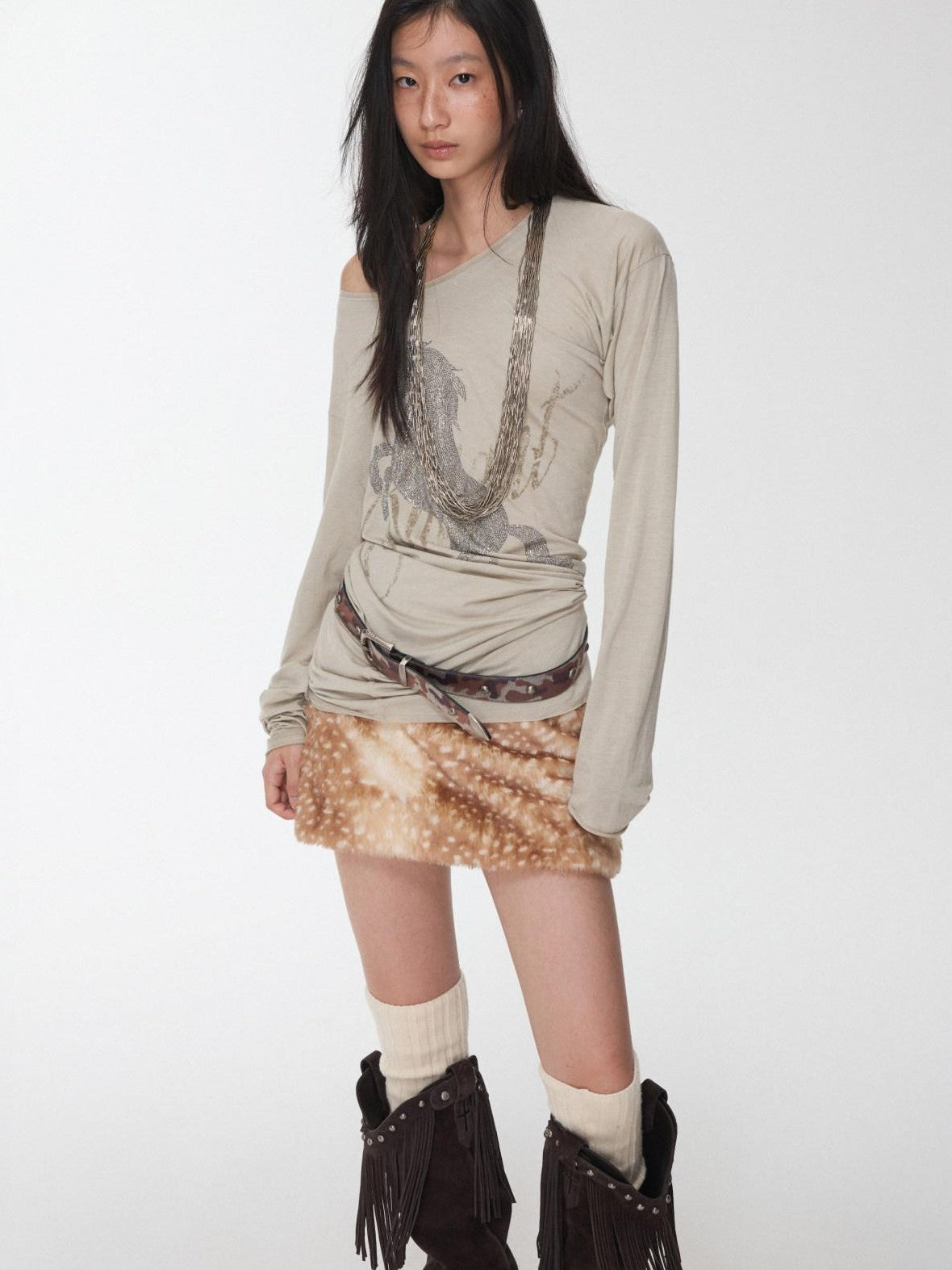 1JINN STUDIO Vintage Deer Print Low Waist Slim Fit Women&