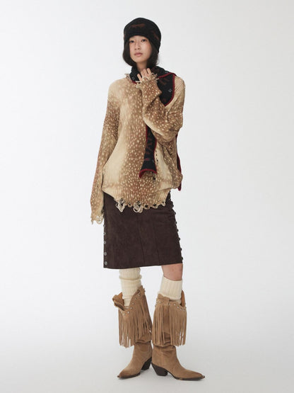 1JINN STUDIO Vintage Deer Print Openwork Distressed Women&
