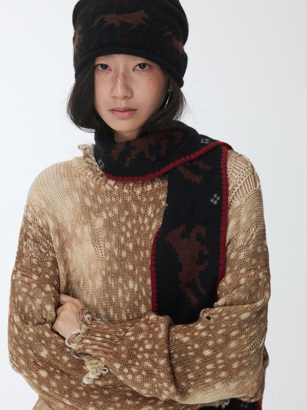 1JINN STUDIO Vintage Deer Print Openwork Distressed Women&