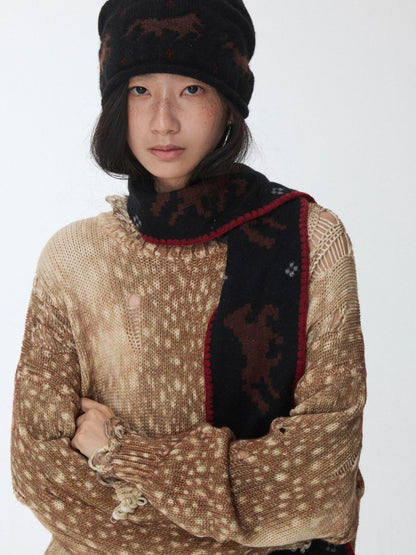 1JINN STUDIO Vintage Deer Print Openwork Distressed Women&