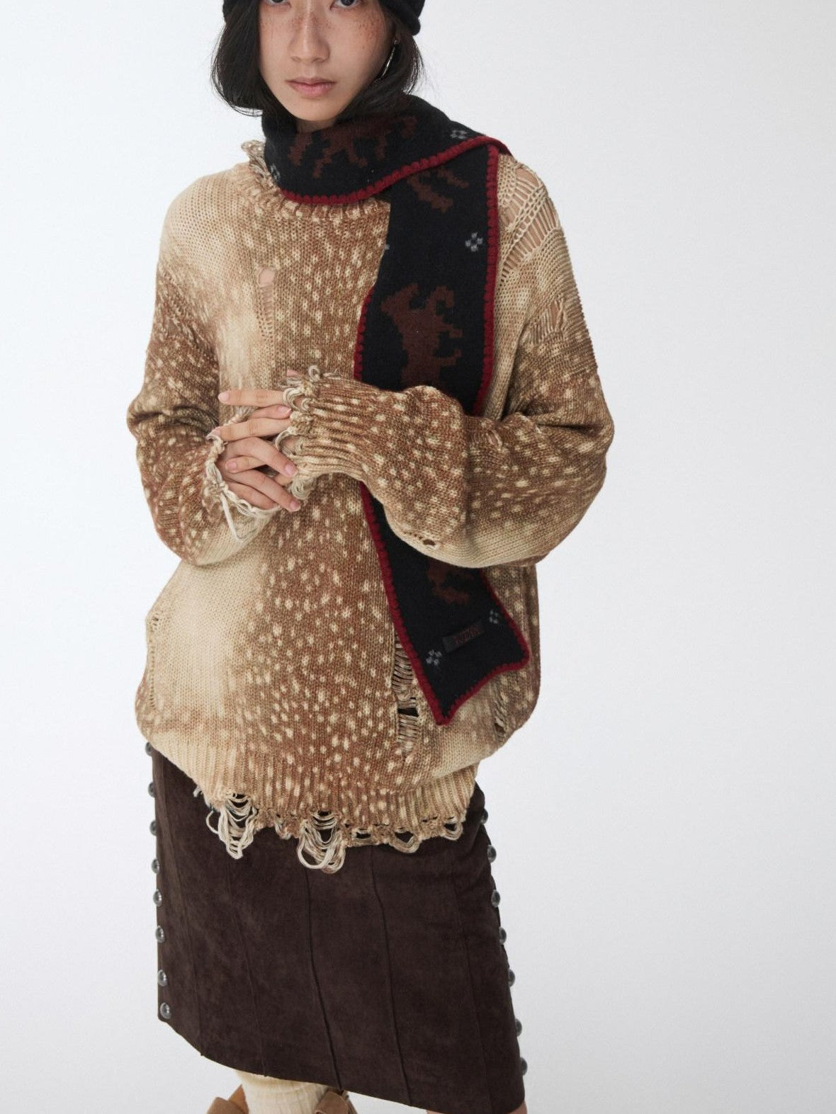 1JINN STUDIO Vintage Deer Print Openwork Distressed Women&