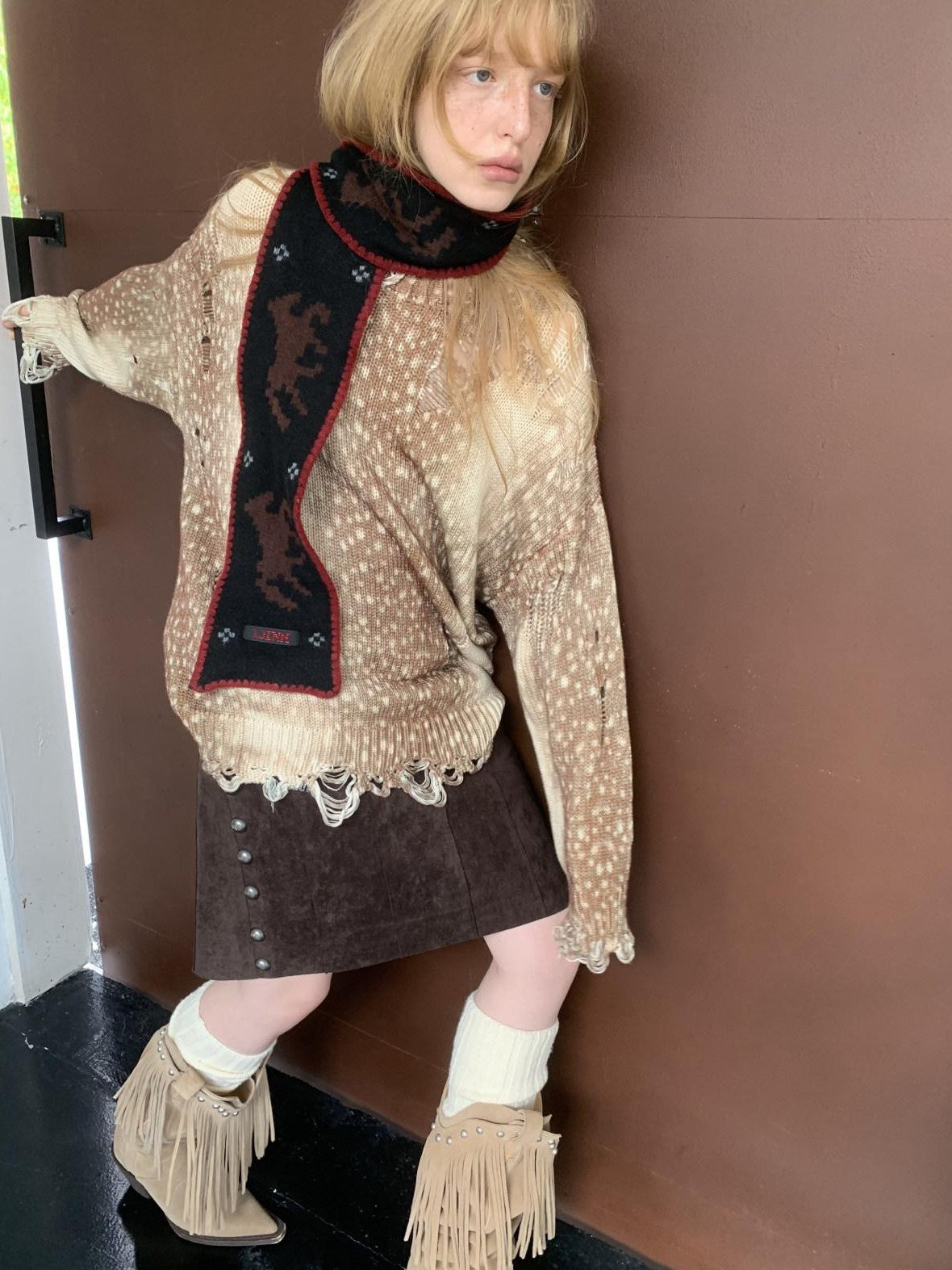 1JINN STUDIO Vintage Deer Print Openwork Distressed Women&