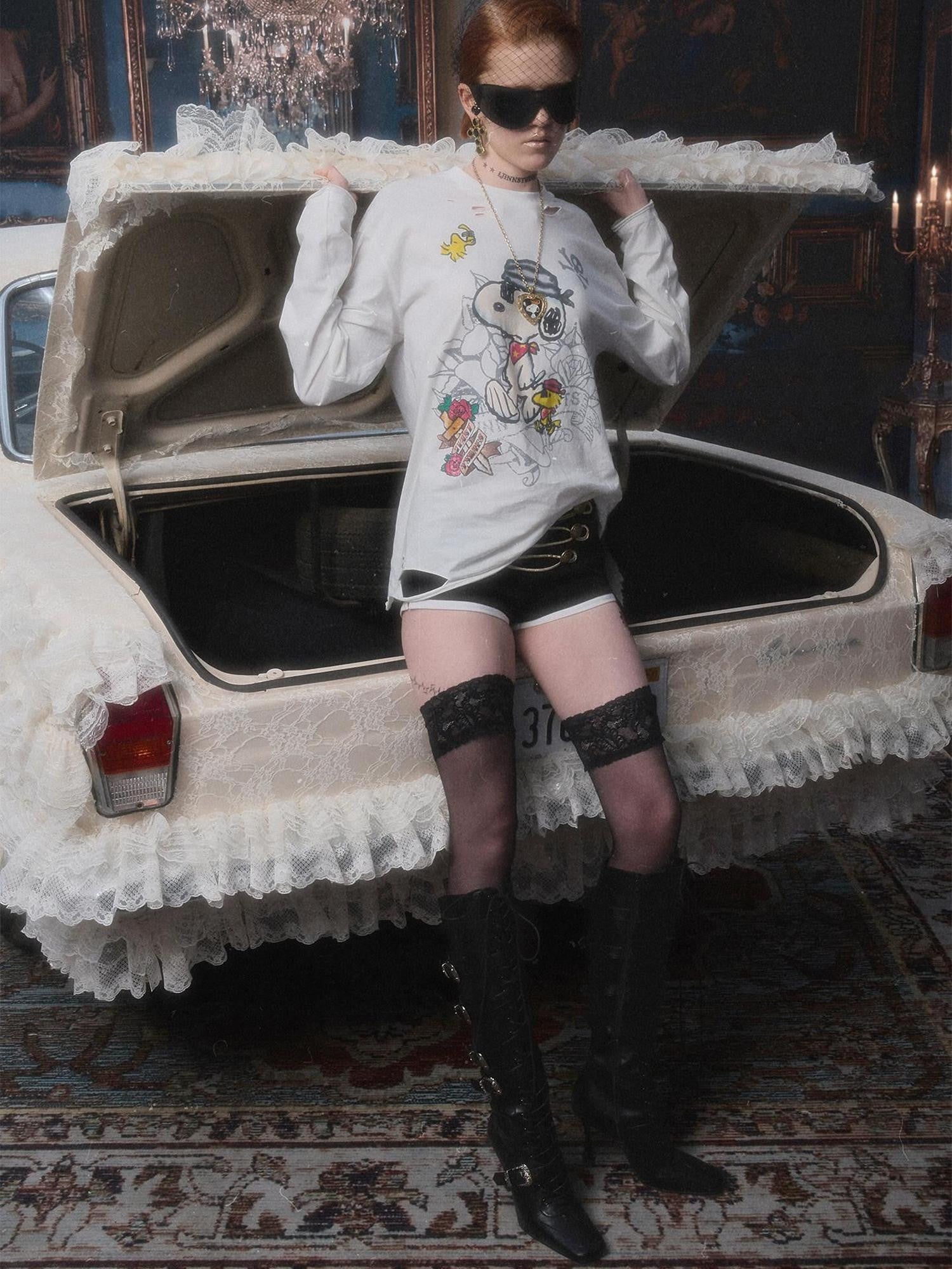 1JINN STUDIO Vintage Distressed Large Print Long Sleeve Women&