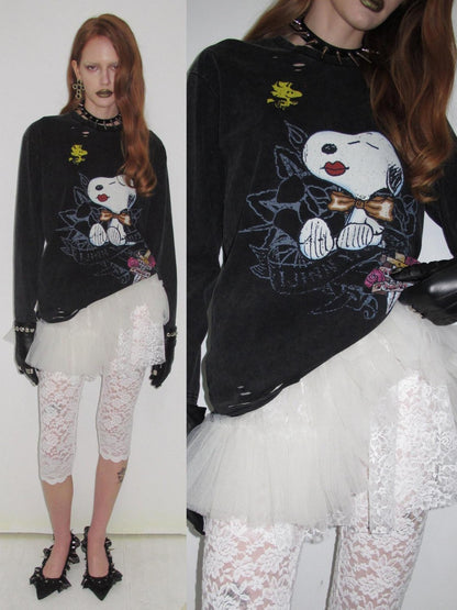 1JINN STUDIO Vintage Distressed Large Print Long Sleeve Women&