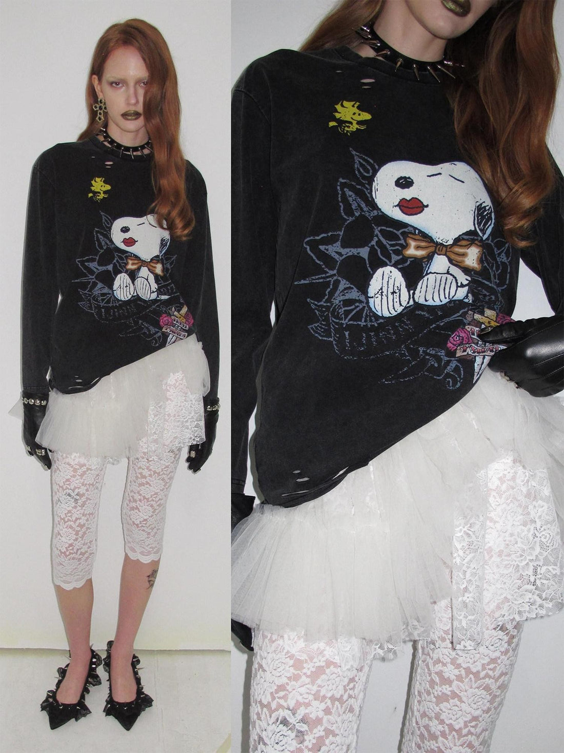 1JINN STUDIO Vintage Distressed Large Print Long Sleeve Women&