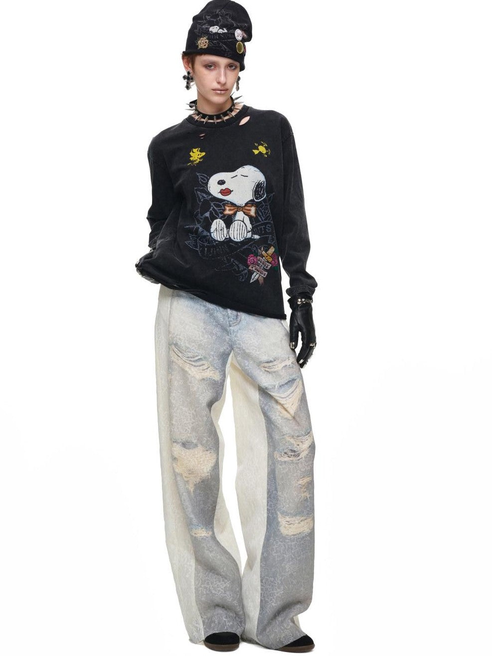 1JINN STUDIO Vintage Distressed Large Print Long Sleeve Women&