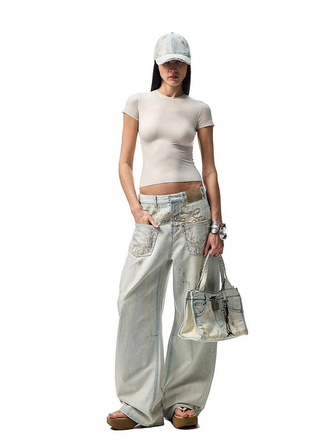1JINN STUDIO Vintage Distressed Washed Mud Dye Low Rise Women&