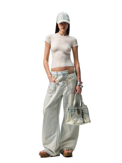 1JINN STUDIO Vintage Distressed Washed Mud Dye Low Rise Women&