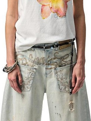 1JINN STUDIO Vintage Distressed Washed Mud Dye Low Rise Women&