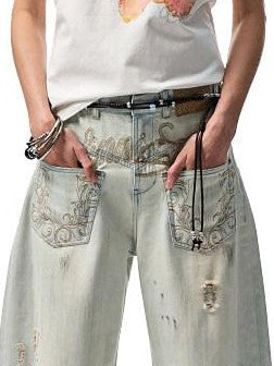 1JINN STUDIO Vintage Distressed Washed Mud Dye Low Rise Women&