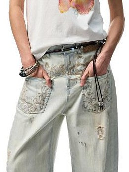 1JINN STUDIO Vintage Distressed Washed Mud Dye Low Rise Women&