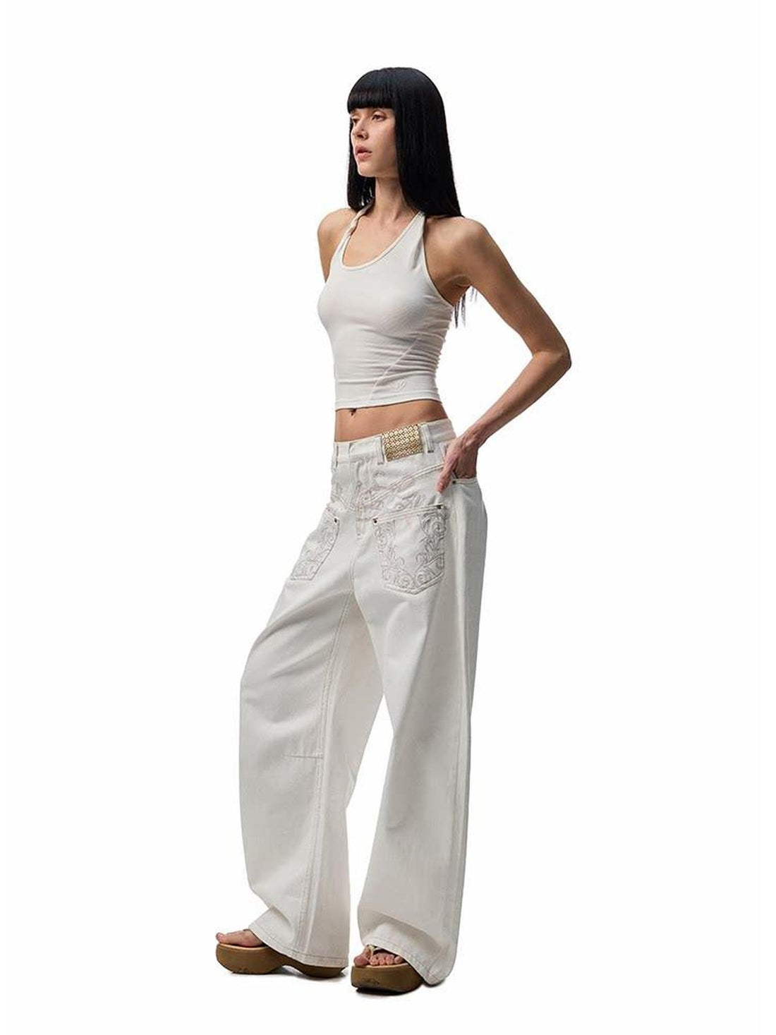 1JINN STUDIO Vintage Distressed Washed Mud Dye Low Rise Women&