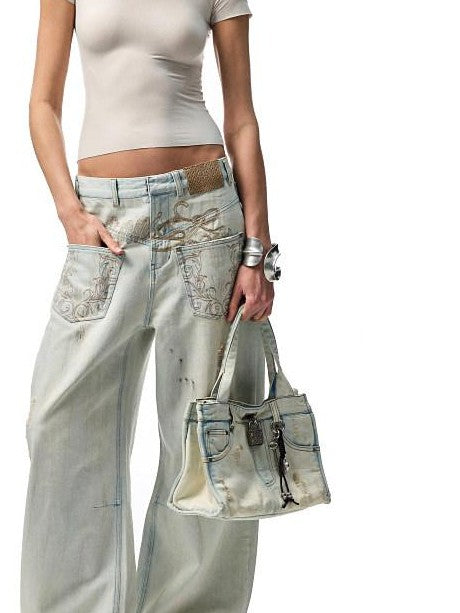 1JINN STUDIO Vintage Distressed Washed Mud Dye Low Rise Women&