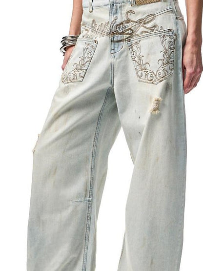 1JINN STUDIO Vintage Distressed Washed Mud Dye Low Rise Women&