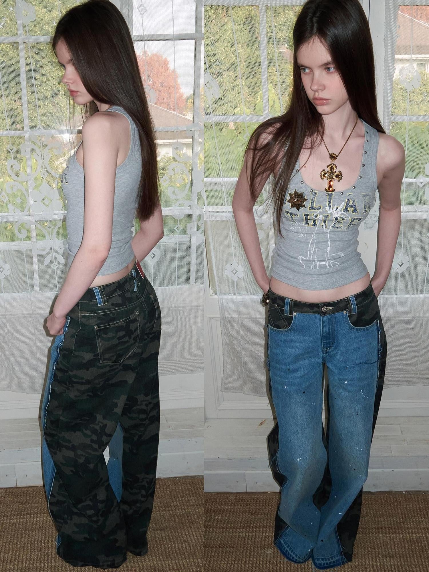 1JINN STUDIO Vintage Double Sided Camo Patch Ink Splatter Women&
