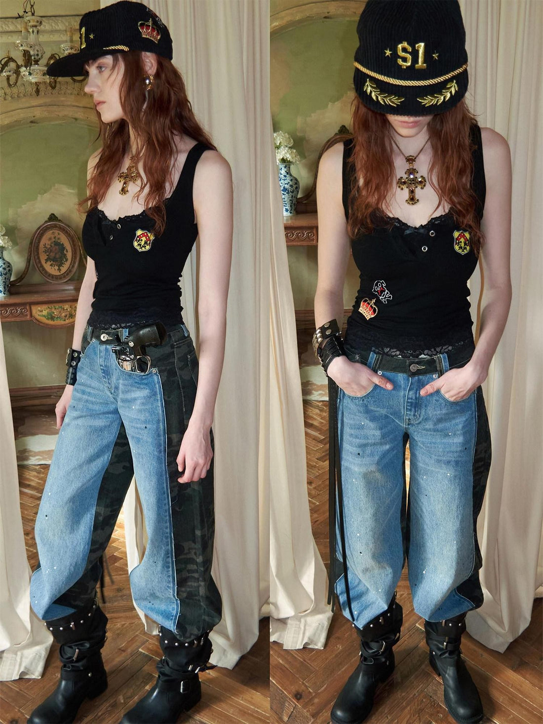 1JINN STUDIO Vintage Double Sided Camo Patch Ink Splatter Women&