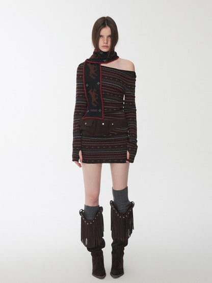 1JINN STUDIO Vintage Fair Isle Pony Jacquard Knitted Women&