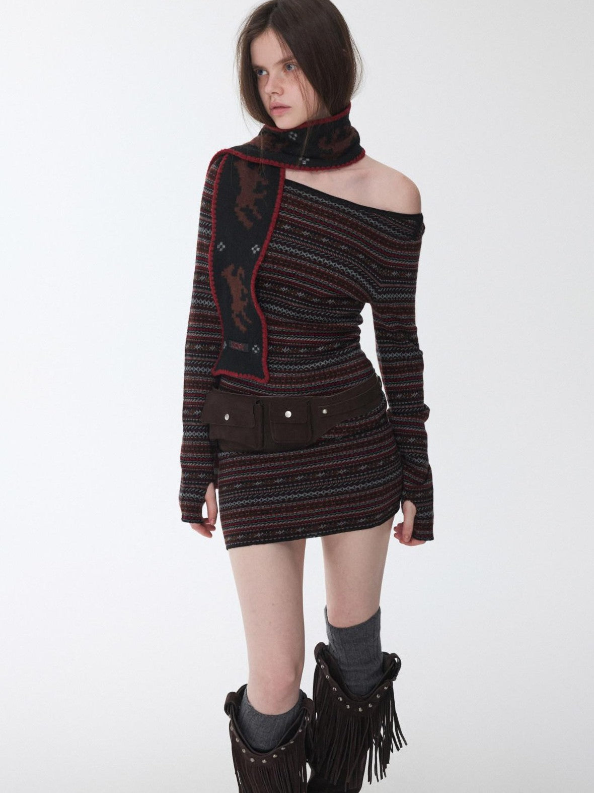 1JINN STUDIO Vintage Fair Isle Pony Jacquard Knitted Women&