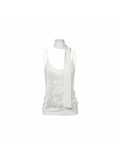 1JINN STUDIO Vintage Frame Burnout Micro Sheer V-neck Halter Ribbon Women&