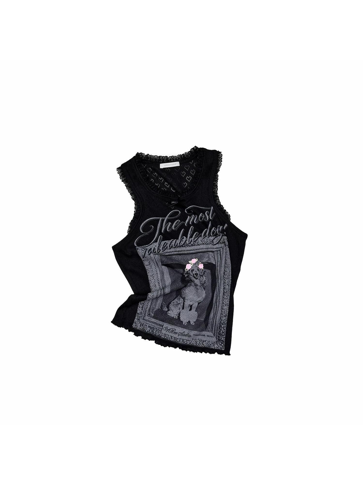 1JINN STUDIO Vintage Framed Dog Print Vest Top Women&