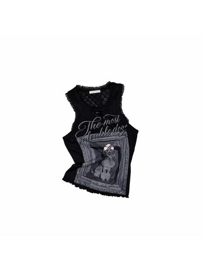 1JINN STUDIO Vintage Framed Dog Print Vest Top Women&
