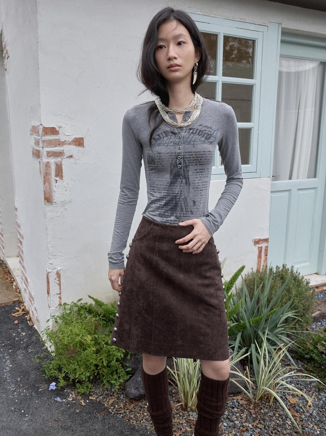 1JINN STUDIO Vintage Henley Collar Contrast Print Women&