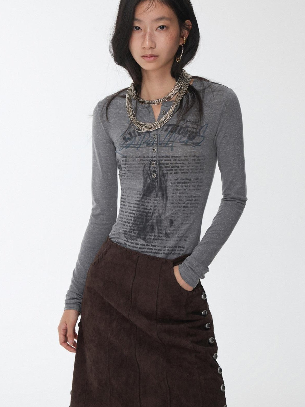 1JINN STUDIO Vintage Henley Collar Contrast Print Women&