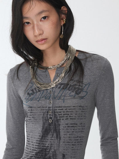 1JINN STUDIO Vintage Henley Collar Contrast Print Women&