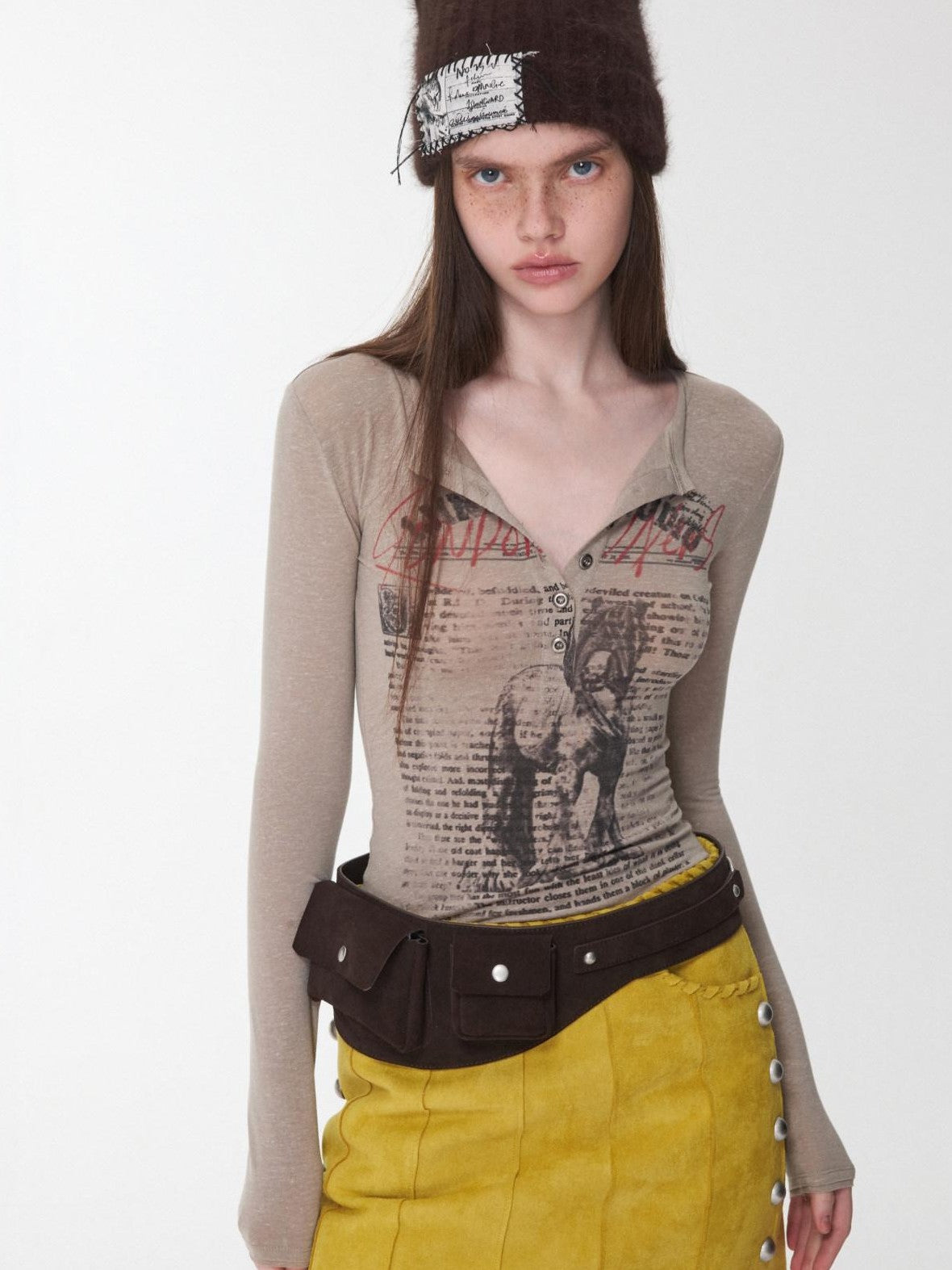 1JINN STUDIO Vintage Henley Collar Contrast Print Women&