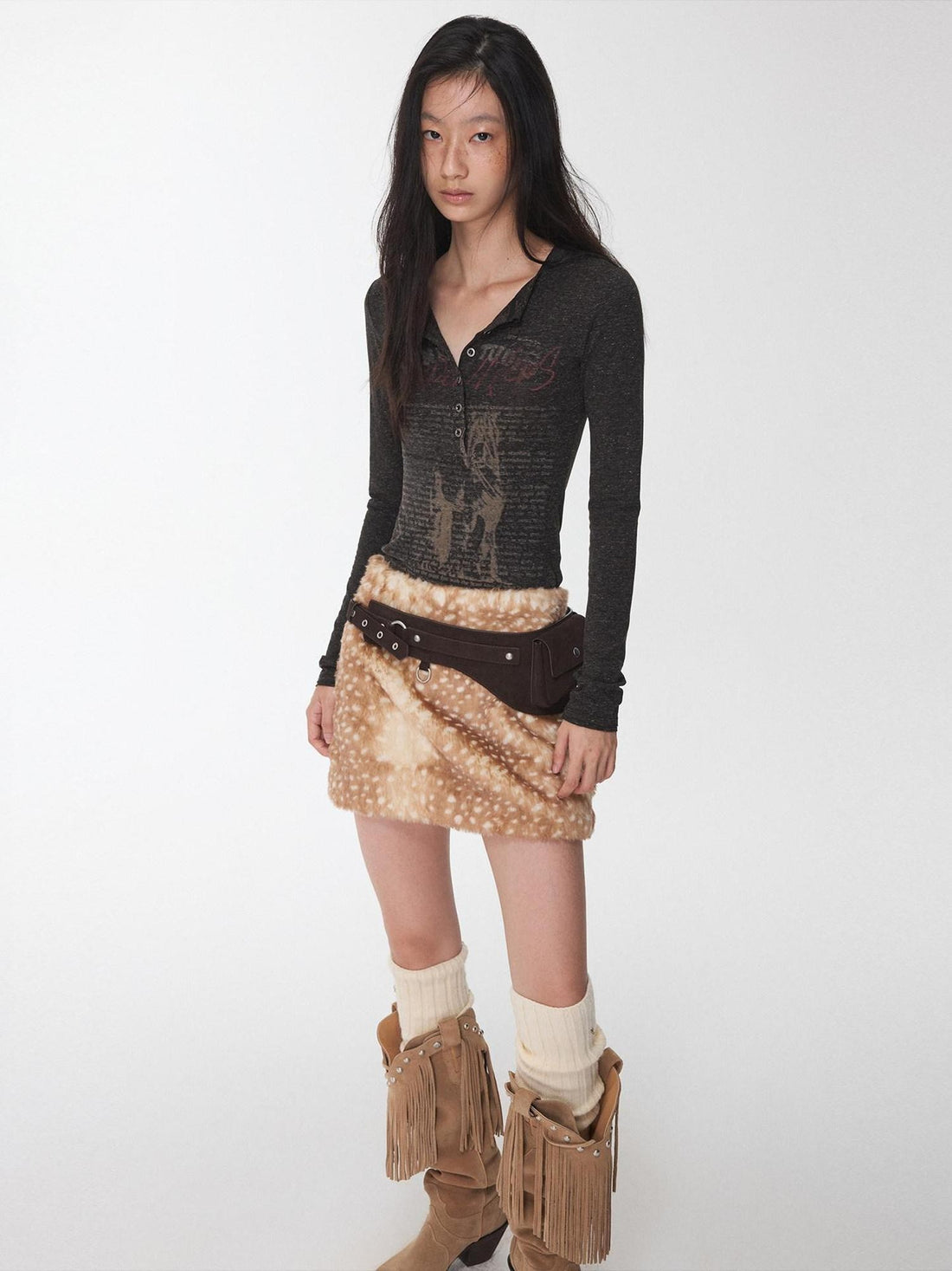 1JINN STUDIO Vintage Henley Collar Contrast Print Women&