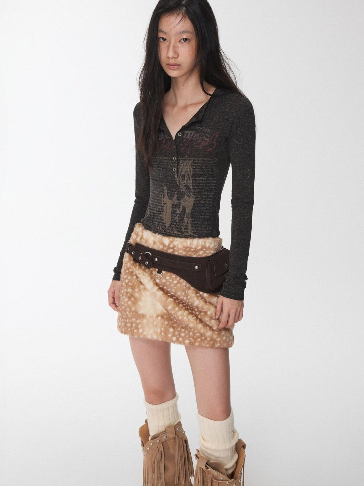 1JINN STUDIO Vintage Henley Collar Contrast Print Women&
