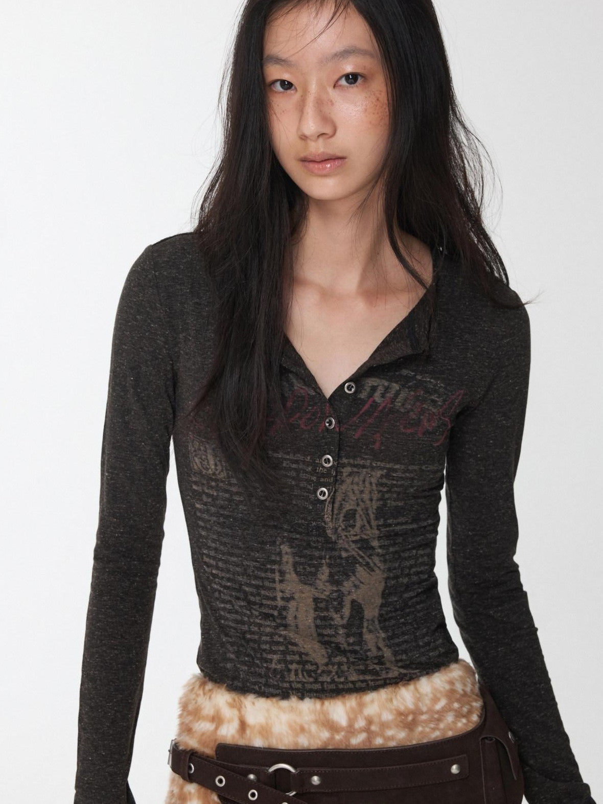1JINN STUDIO Vintage Henley Collar Contrast Print Women&
