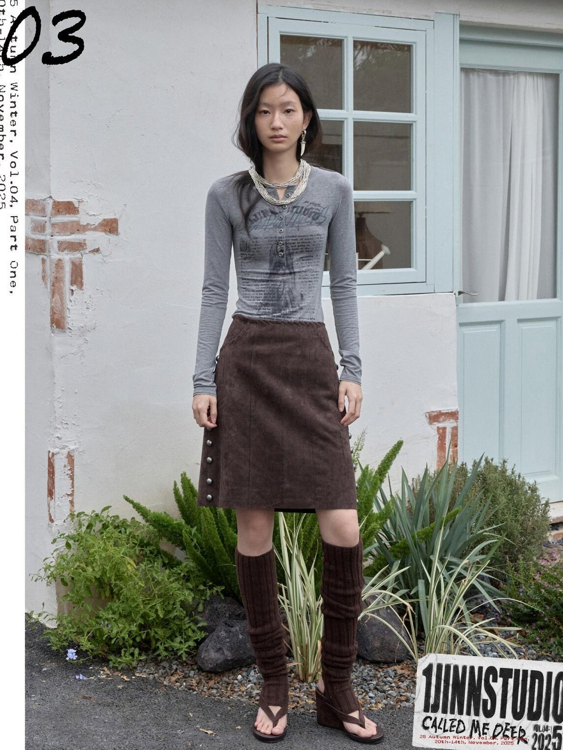 1JINN STUDIO Vintage Henley Collar Contrast Print Women&
