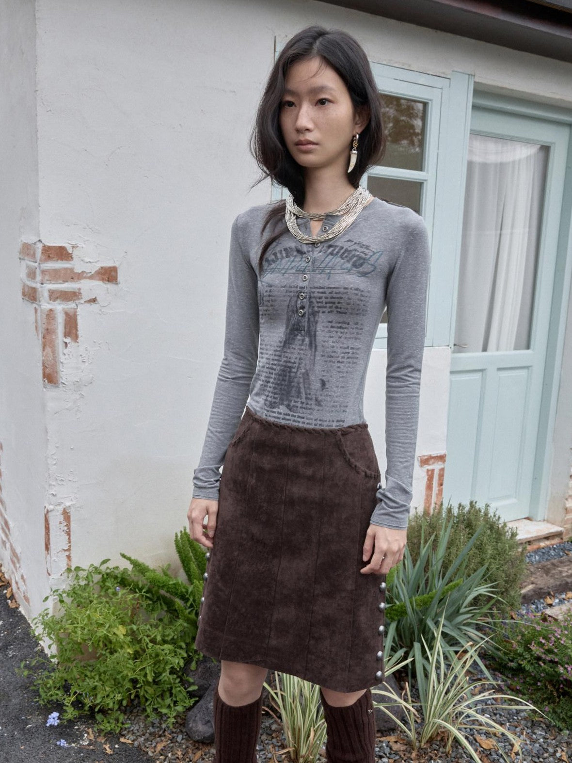 1JINN STUDIO Vintage Henley Collar Contrast Print Women&