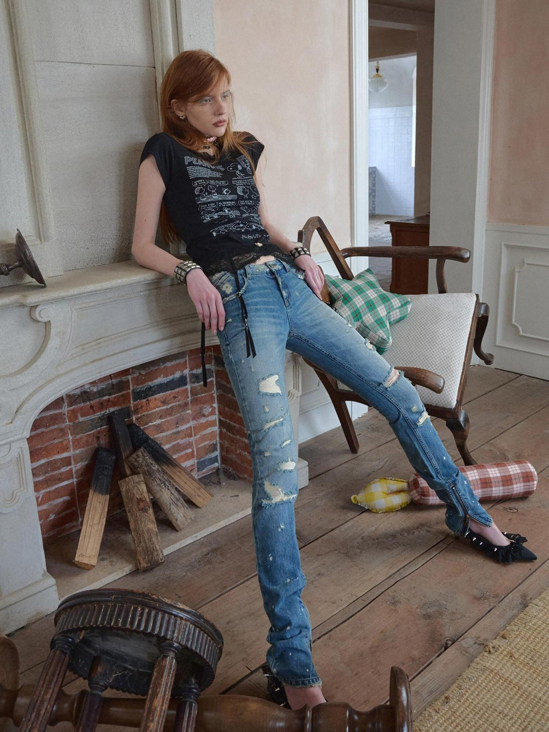 1JINN STUDIO Vintage Irregular Distressed Ripped Women&
