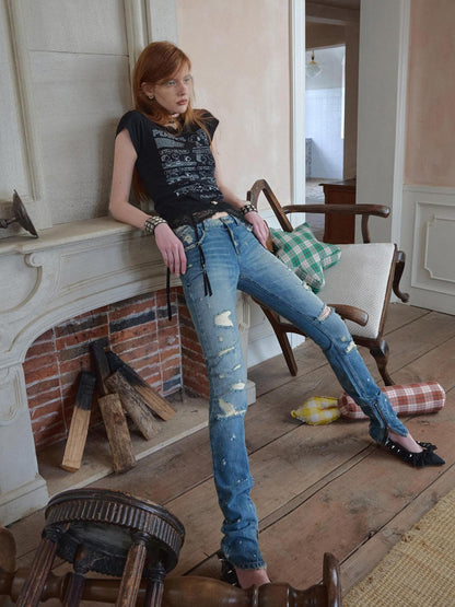 1JINN STUDIO Vintage Irregular Distressed Ripped Women&