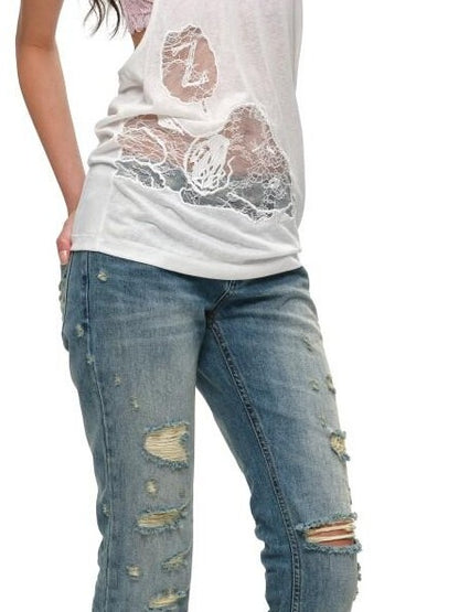 1JINN STUDIO Vintage Irregular Distressed Ripped Women&