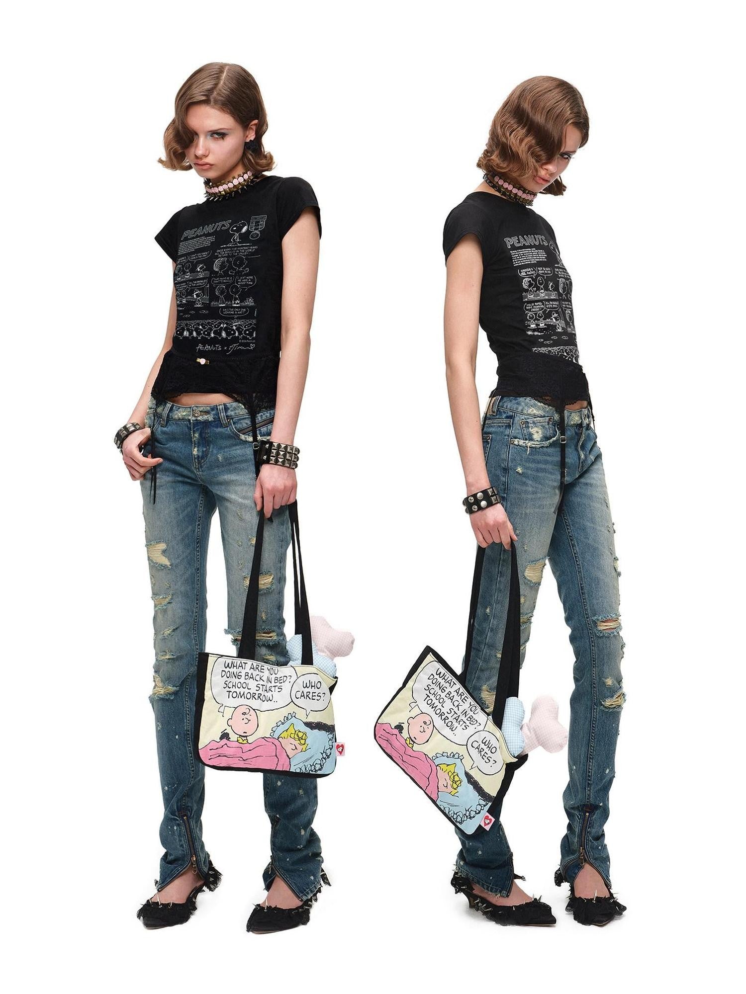 1JINN STUDIO Vintage Irregular Distressed Ripped Women&