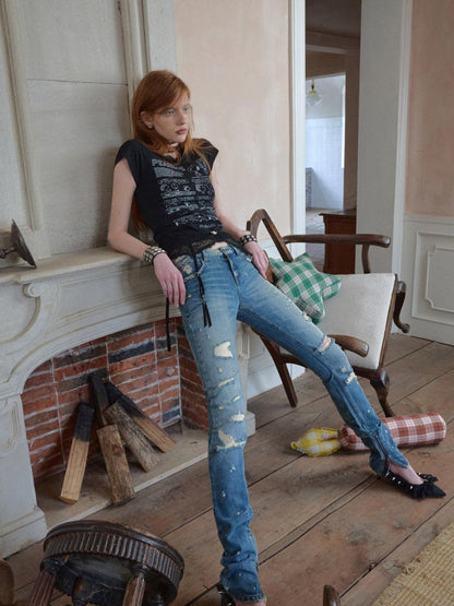 1JINN STUDIO Vintage Irregular Distressed Ripped Women&