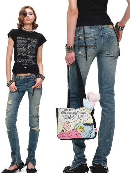 1JINN STUDIO Vintage Irregular Distressed Ripped Women&