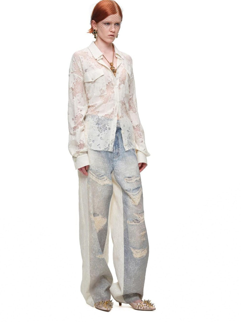 1JINN STUDIO Vintage Jacquard Tie Waist Frayed Hem Women&