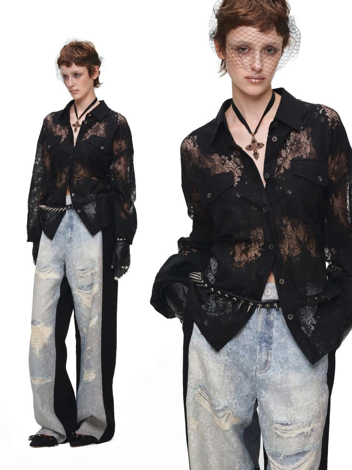 1JINN STUDIO Vintage Jacquard Tie Waist Frayed Hem Women&