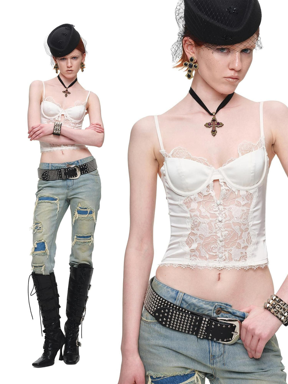 1JINN STUDIO Vintage Lace Spliced Satin Boned Waist Cinch Sheer Women&