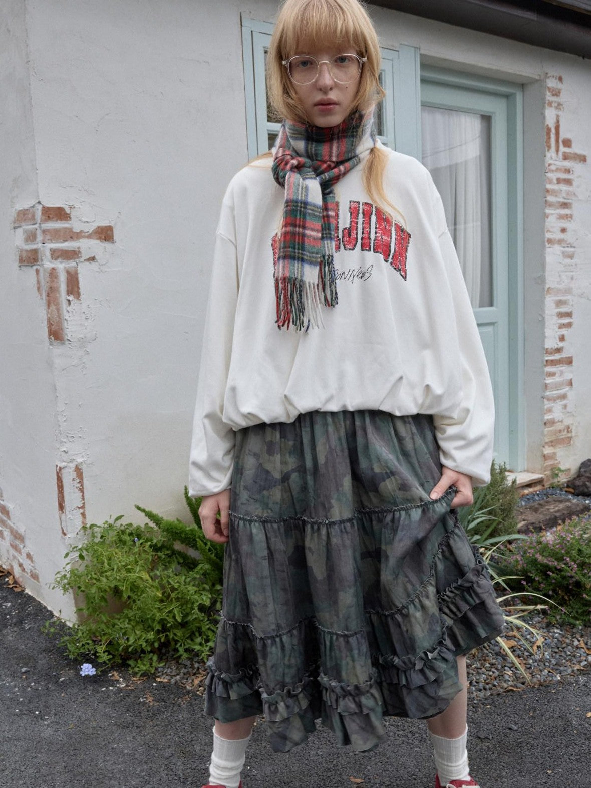 1JINN STUDIO Vintage Letter Print Bubble Hem Loose Women&