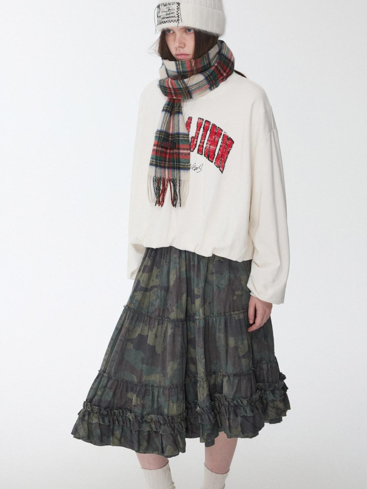 1JINN STUDIO Vintage Letter Print Bubble Hem Loose Women&