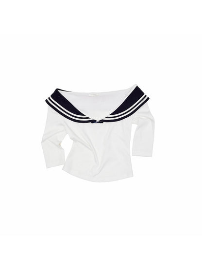 1JINN STUDIO Vintage Nautical Boatneck Off Shoulder Slim Women&