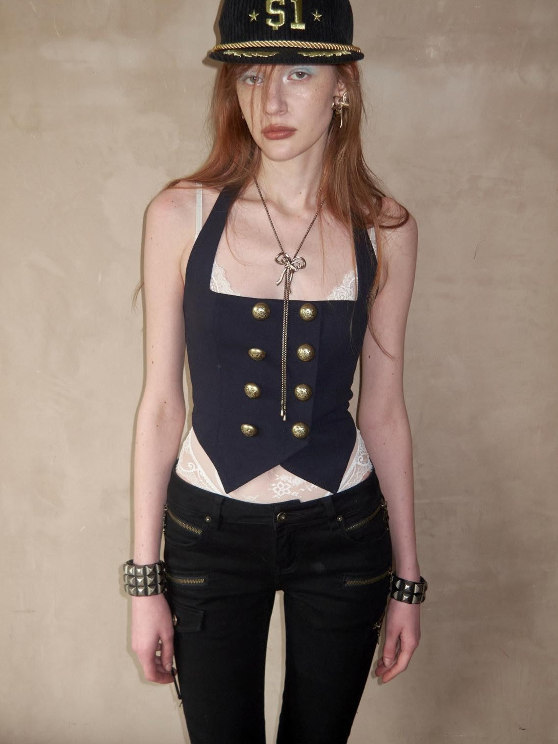 1JINN STUDIO Vintage Nautical Napoleon Collar Slimming Fitted Women&