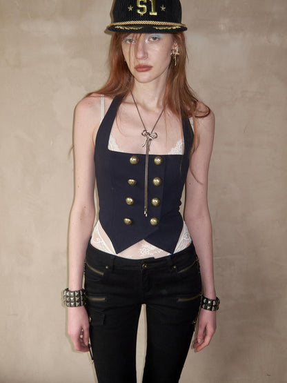 1JINN STUDIO Vintage Nautical Napoleon Collar Slimming Fitted Women&