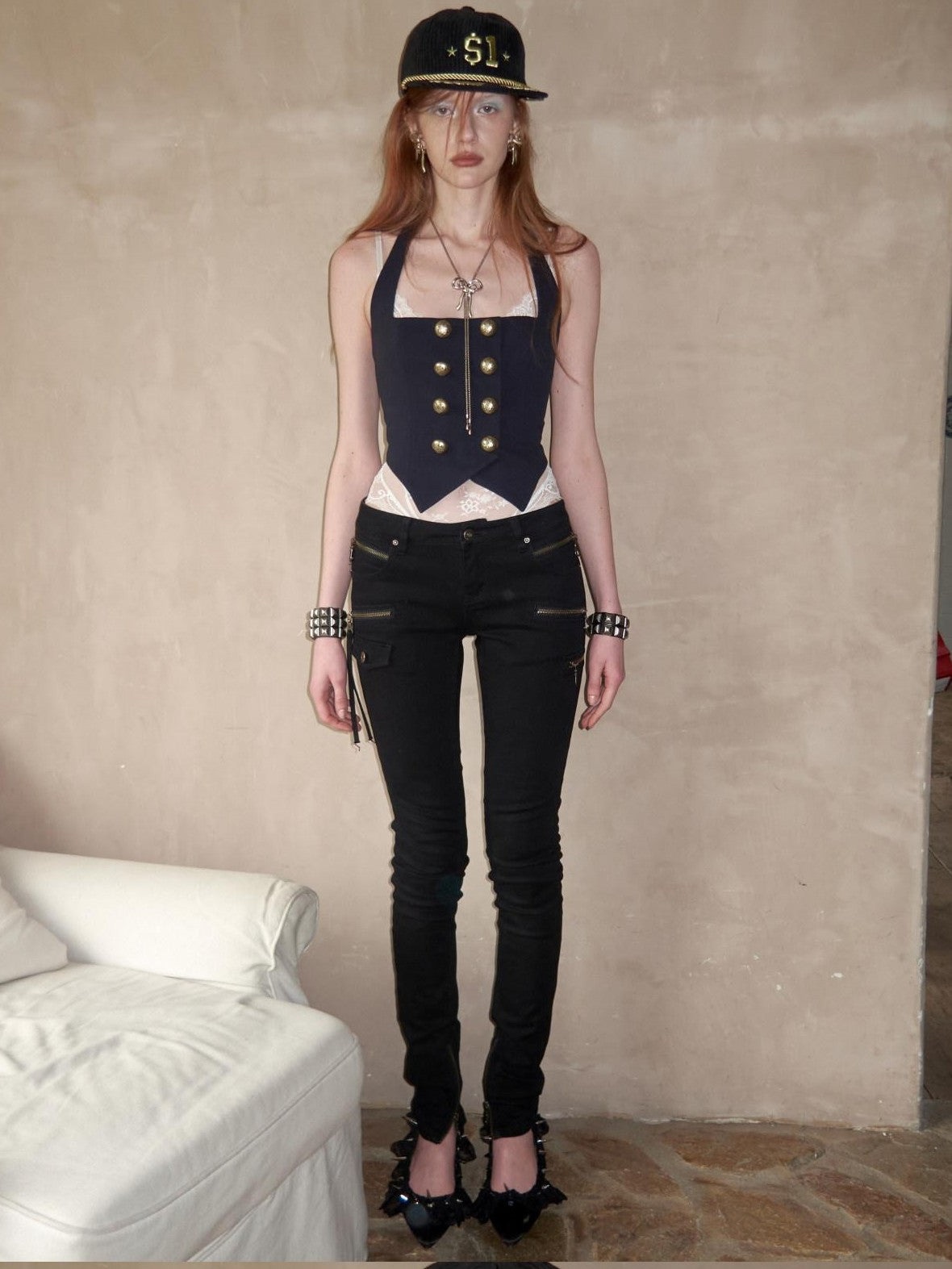 1JINN STUDIO Vintage Nautical Napoleon Collar Slimming Fitted Women&