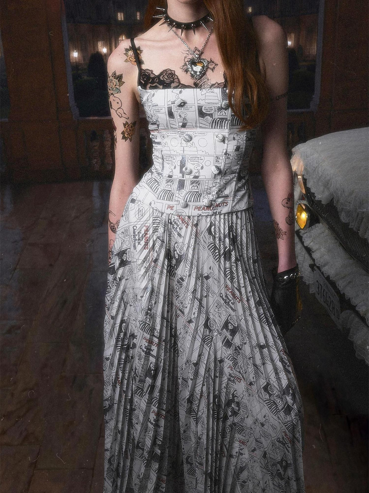 1JINN STUDIO Vintage Newspaper Print Pleated Slit A Line Women&